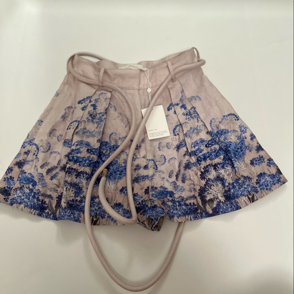 ZIMMERMANN Luminous Belted Pleated Floral-print Linen Shorts In Cornflower Print